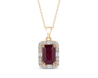 Ruby Necklace Gold, July Birthstone Jewelry, Diamond Halo Pendant, Birthday Gift For Her