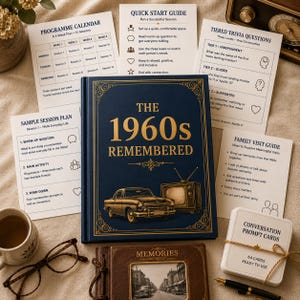 Könnte beinhalten: Ein dunkelblaues gebundenes Buch mit dem Titel The 1960s Remembered und einer goldenen Auto- und Fernseher-Illustration, umgeben von gedruckten Aktivitätsblättern, einem braunen Fotoalbum, einem Kartenspiel für Gespräche, einer Brille und einer Tasse.