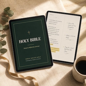 May include: Two tablets displaying a digital Holy Bible Study & Reflection Journal. The left screen shows a dark green cover with gold text, while the right screen displays scripture from John 15:9 with handwritten-style notes and bullet points.