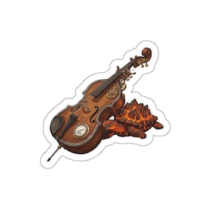 Puede incluir: Una pegatina con un violín de estilo steampunk con detalles de relojería y una tortuga roja y naranja con un caparazón similar a la lava. El violín es marrón con una pequeña esfera de reloj. La tortuga está al lado del violín.