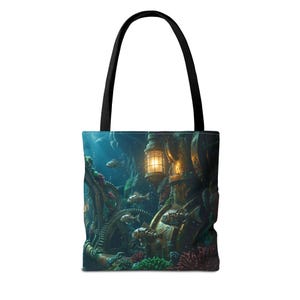 May include: A tote bag with a black handle featuring an underwater scene. The design includes a glowing lantern, mechanical gears, and fish swimming among coral and aquatic plants. The color palette is dominated by blues, greens, and warm yellow tones.