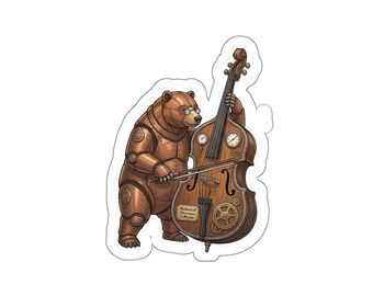 Steampunk Bear Playing Double Bass Die-Cut Stickers | Musician Animal Sticker