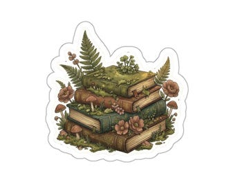 Mossy Vintage Book Stack Die-Cut Stickers | Botanical Mushroom Illustration