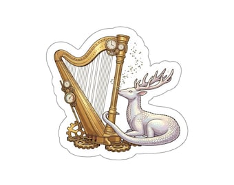 Stag and Harp Illustration Die-Cut Sticker | Fantasy Animal Music