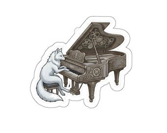 White Fox Playing Ornate Grand Piano sticker | Die-Cut Stickers