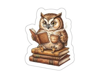 Reading Owl Die-Cut Sticker | Book Lover, Cute Library Illustration