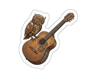 Steampunk Owl on Acoustic Guitar Die-Cut Sticker | Vintage Music Vinyl Decal