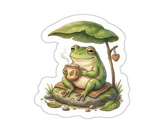 Cozy Tea Frog Die-Cut Stickers | Cute Frog with Leaf Umbrella, Waterproof Sticker