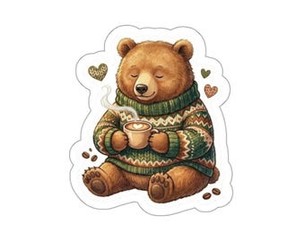 Cozy Bear with Coffee Die-Cut Stickers | Cute Bear Sticker