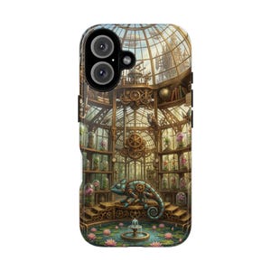 May include: A phone case featuring a detailed illustration of a mechanical chameleon inside a glass conservatory. The scene includes brass gears, shelves with glass-domed plants, an owl, a small fountain with pink water lilies, and a castle in the distance.