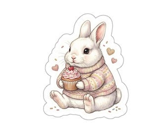 Cute Bunny with Cupcake Die-Cut Stickers | Kawaii Rabbit, Pastel Sweater