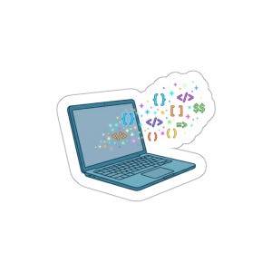 May include: A sticker featuring a blue laptop with a keyboard and screen. Colorful code symbols and sparkles emanate from the screen. The sticker has a white border and is designed for programmers and tech enthusiasts.