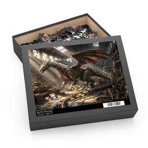 May include: A jigsaw puzzle in a black box featuring a mechanical dragon with metallic gears and wings in a factory setting with light beams and small flowers. The box lid displays the text 8x10 Puzzle 120 pcs Ages 9+ and a barcode.