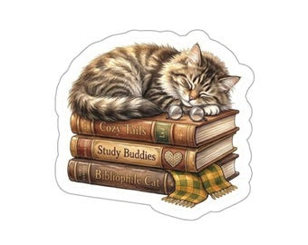 Cozy Napping Cat on Books Sticker - Aesthetic Bibliophile Decal for Book Lovers