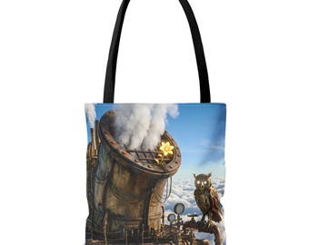 Imaginary Nook: The Golden Blossom of the Floating Forge / Steampunk Owl All-Over Print Tote Bag