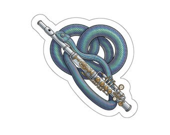 Flute and Coiled Snake Die-Cut Sticker | Musician Instrument Illustration