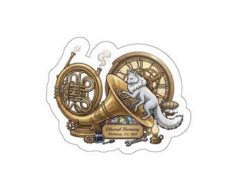 Victorian Horn, Clock & White Fox Die-Cut Sticker | Steampunk Illustration