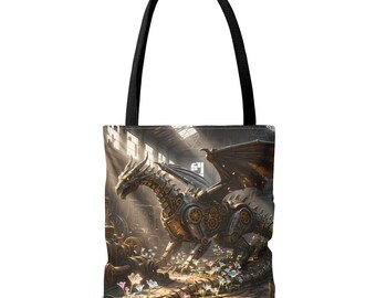 Imaginary Nook: The Clockwork Dragon's Sunlit Sanctuary / Steampunk Fantasy All-Over Print Tote Bag