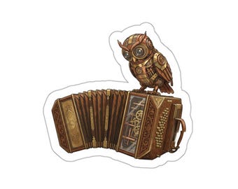 Steampunk Owl with Concertina Die-Cut Sticker | Vintage Music Instrument