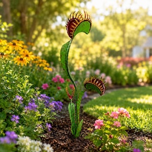 Venus Flytrap Garden Stake, Metal Carnivorous Plant Yard Art, Whimsical Flower Bed Decor, Outdoor Planter Stake, Garden Gift