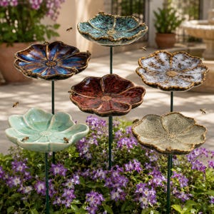 May include: A collection of six ceramic flower-shaped bird baths on thin metal stakes. The basins feature varied glazed finishes in turquoise, deep blue, dark red, white, light green, and beige, each with a textured center and scalloped edges.
