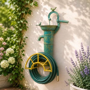 May include: A teal and yellow garden hose holder shaped like a vintage water pump, mounted on a white wall. The hose is green, and the holder has a yellow frame. Two small bird figurines are perched on the pump.