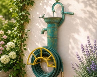 Personalized Garden Hose Holder, Vintage Wall Mounted Hose Rack, Custom Metal Hose Hanger, Rustic Outdoor Garden Decor