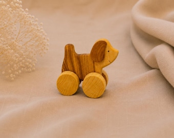 Handcrafted Walnut Dog Pull Toy | Waldorf Montessori Wooden Animal Toy