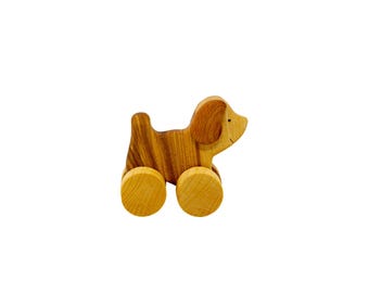 Handcrafted Walnut Dog Pull Toy | Waldorf Montessori Wooden Animal Toy
