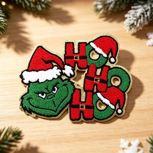 Large Grinch Ho Ho Ho Chenille Iron‑On Patch, Christmas Santa Hat Embroidered Patch, Holiday Sew On Applique For Jacket Backpack, 24×17.5cm