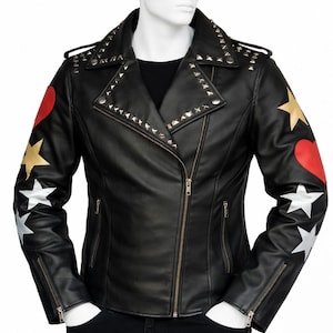 Schwarze Nieten Bikerjacke mit Stern & Herz Patches