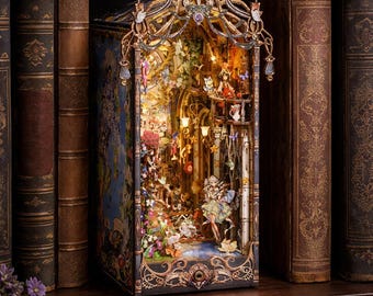 Fairy Garden Book Nook with LED – Enchanted Theater Shelf Insert, Fantasy Fairy Miniature Diorama, Whimsical Bookshelf Decor Gift