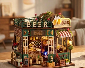 DIY Miniature Beer Tavern Kit with LED Lights — Tiny Pub Dollhouse — Wooden Craft Kit — Unique Gift for Adults & Beer Lovers