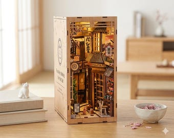DIY Japanese Alley Book Nook Kit with LED Lights — Cat Alley Miniature Bookshelf Insert — Advanced Wooden Craft Kit — Japan Lover Gift