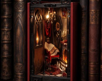 Dark Gate Book Nook with LED – Vampire Gothic Bedroom Miniature Shelf Insert, Halloween Dark Academia Diorama, Spooky Decor Gift