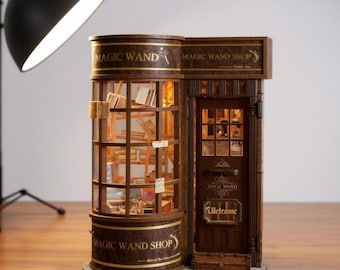 DIY Magic Wand Shop Book Nook Kit with LED Lights — Wizard Miniature Bookshelf Insert —Wooden Craft Kit — Inspired Gift for Adults