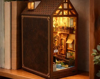 Colmar Town Book Nook with LED – French Fairy Tale Village Miniature, European Bookshelf Insert, Alsace Cottage Shelf Decor Gift
