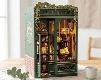 DIY Owl Bookstore Book Nook Kit with LED Lights — Miniature Bookshelf Insert — Beginner Friendly Wooden Craft Kit — Perfect Gift