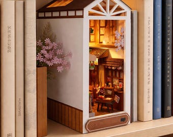 Sakura Rain Book Nook with LED – Japanese Cherry Blossom Street Miniature, Rainbow Lane Shelf Insert, Japan Lover Bookshelf Gift