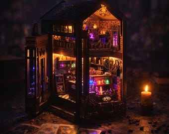 Magic Coffee Shop Book Nook with LED Lights – Witch's Café Miniature Diorama, Dark Academia Shelf Insert, Fantasy Bookshelf Decor