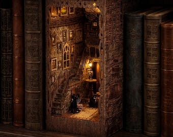 Gothic Haunted Alley Book Nook with LED – Dark Fantasy Shelf Insert, Vintage Mystery Staircase Diorama, Halloween Bookshelf Decor