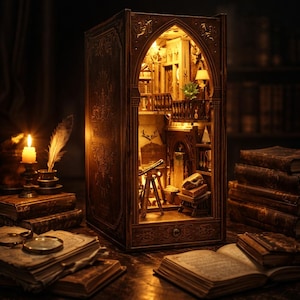 May include: A detailed wooden bookshelf diorama, lit from within, resembling a miniature library. The diorama is surrounded by books, a candle, and a magnifying glass, creating a warm atmosphere. The interior features tiny furniture and decorative elements.