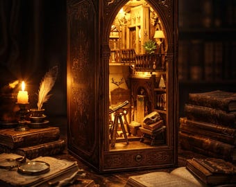 Library of Books Book Nook with LED – Gothic Alley Shelf Insert, Dark Academia Miniature Diorama, Vintage Bookshelf Decor Gift