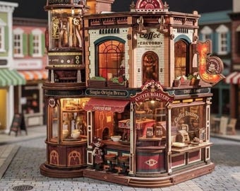 DIY Miniature Coffee Factory Kit with LED Lights & Music — Steampunk Book Nook — Wooden Craft Kit — Unique Gift for Coffee Lovers and Adults
