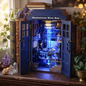 Peut inclure: Une boîte bleue miniature avec l'inscription "Mysterious Blue Box", avec des portes ouvertes révélant un intérieur détaillé avec des figurines et un éclairage bleu. Entourée de livres et de cristaux décoratifs.