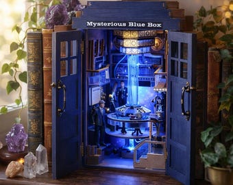 Doctor Who Book Nook Insert – Mysterious Blue Box Shelf Decor with LED Lights, Time Travel Miniature Diorama, Sci-Fi Bookshelf Bookend Gift