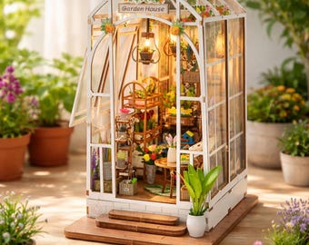 Garden House Miniature Greenhouse with LED Lights – Botanical Shelf Decor, Cottagecore Diorama, Floral Book Nook, Plant Lover Gift