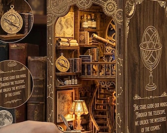 DIY Ancient Book Collection Room Book Nook Kit with LED Lights — Bookshelf Insert — Wooden Miniature Craft Kit —Gift for Book Lovers