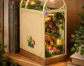 Firefly Forest Book Nook with LED – Enchanted Tree House Miniature, Fairy Forest Shelf Insert, Cottagecore Nature Diorama Gift