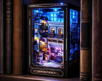 Cyberpunk City Book Nook with LED – Future World Neon Miniature Shelf Insert, Sci-Fi Street Diorama, Gamer Geek Bookshelf Decor